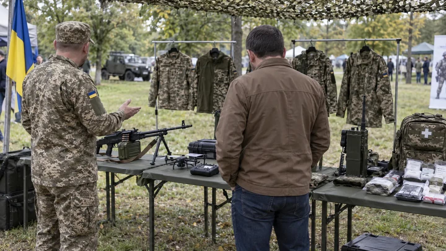 Рекрутер 8 центру показує відвідувачу спорядження, зброю і форму на виїзній презентації просто неба