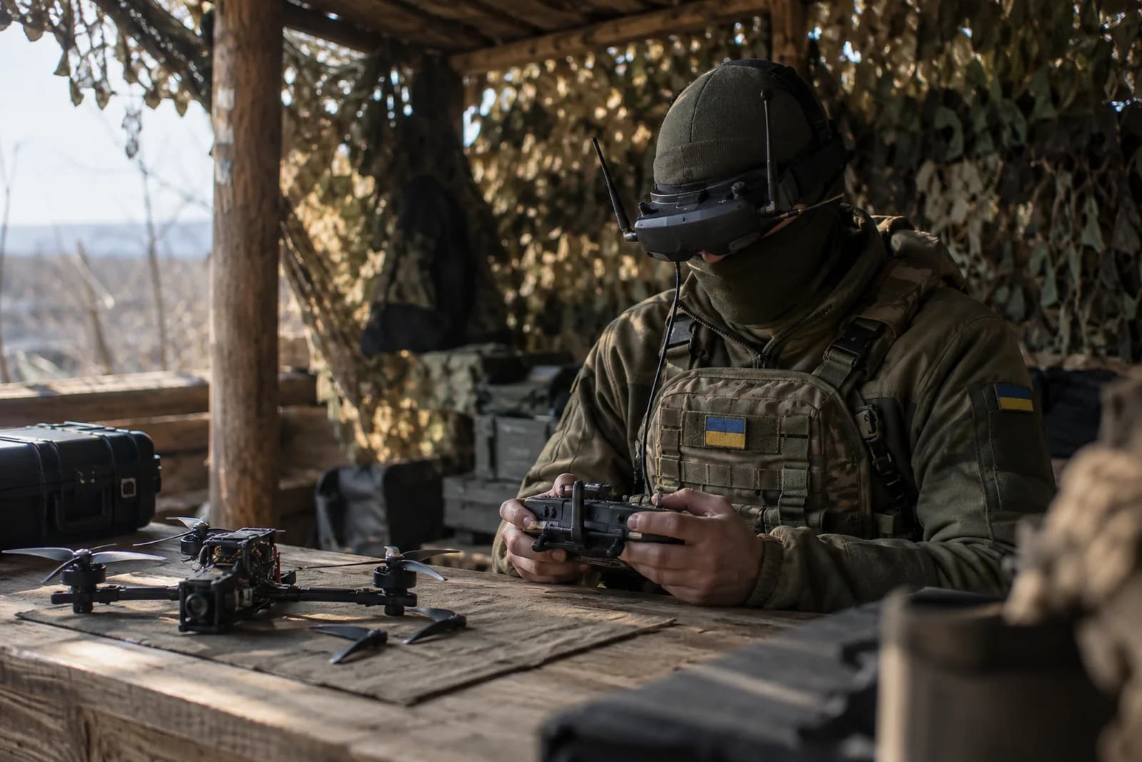 Оператор БпЛА в окопному укритті керує дроном у FPV-окулярах, поруч на столі — квадрокоптер