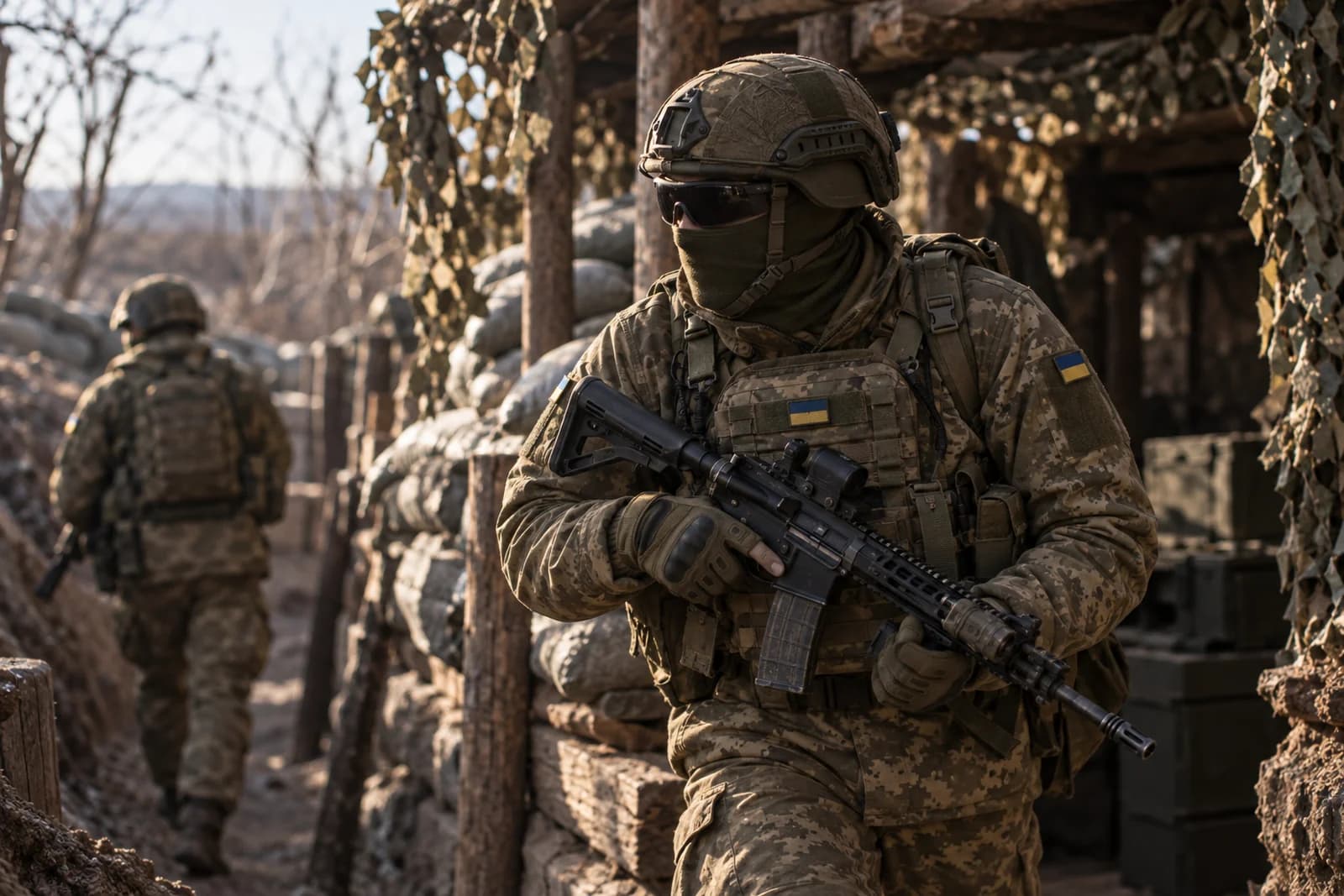 Піхотинець зі зброєю рухається ходом сполучення, позаду — ще один військовий